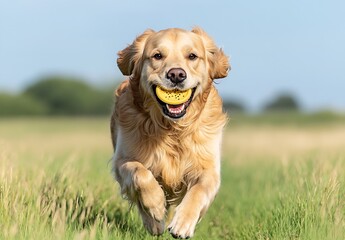 Poster - Golden retriever energetically running with a playful yellow ball in an open field under a clear blue sky : Generative AI