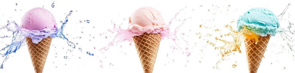 Poster - Brightly colored ice cream cones splashing with vibrant flavors creating a fun summer vibe : Generative AI