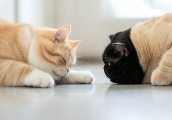 Poster - Two relaxed cats taking a nap side by side in sunlit indoor space : Generative AI