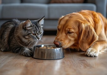 Poster - Golden Retriever Sniffing Food Bowl While Tabby Cat Keeps Watch in a Bright Living Area : Generative AI