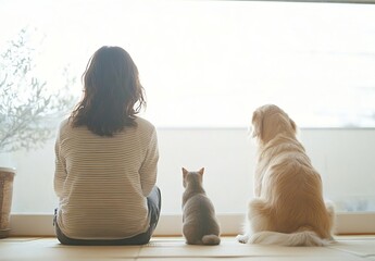 Poster - A peaceful moment shared between a woman a cat and a golden retriever gazing out the window : Generative AI
