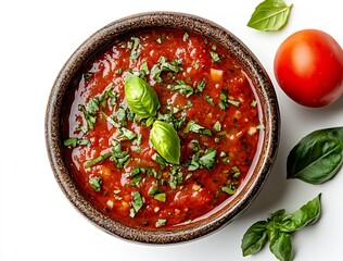Aufkleber - Fresh homemade tomato basil sauce in a bowl garnished with green basil leaves : Generative AI