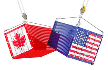 Poster - American trade war with Canada, concept. Cargo containers with the USA and Canadian flags on the crane hooks. 3D rendering isolated on transparent background