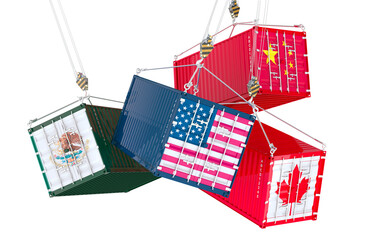 Poster - Freight containers with American, Canadian, Mexican and Chinese flags on the hooks. The United States trade war with Canada, Mexico and China, concept. 3D rendering isolated on transparent background