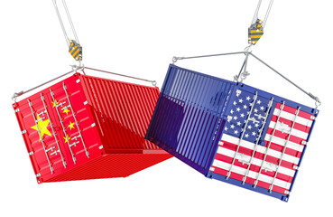 Poster - The United States trade war with China, concept. Cargo containers with American and Chinese flags on the crane hooks. 3D rendering isolated on transparent background