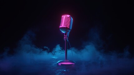 Retro microphone with neon lighting in smoky setting.