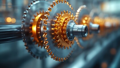 Poster - Close-up View of Industrial Gears with Metallic Shine and Light Reflections in Factory Setting