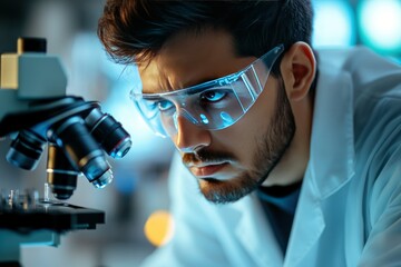 Poster - Young Scientist Observing Specimen Under Microscope in Laboratory Setting