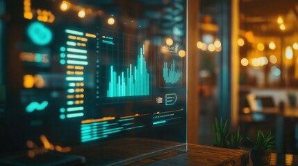 Poster - Futuristic Digital Interface with Graphs and Data Visualizations in a Modern Cafe Setting