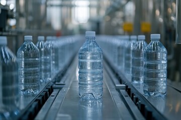 Poster - Clear Plastic Water Bottles on Production Line in Modern Drink Manufacturing Facility