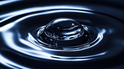Poster - Close-Up of a Water Droplet Creating Ripples in Dark Reflective Surface