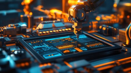 Poster - High-Technology Robotic Arm Operating on Digital Interface in Futuristic Setting