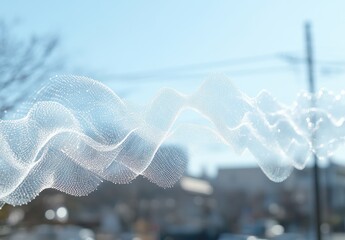 Poster - Ethereal clear wave pattern with tiny droplets shimmering in sunlight against a blurred background of outdoor scenery and blue sky