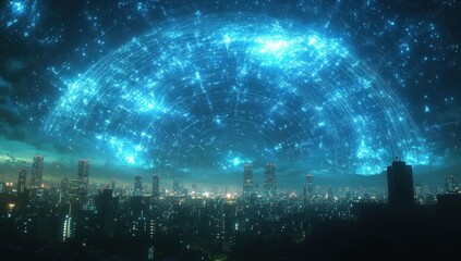 Poster - Ethereal Night Landscape with Digital Starry Sky over City Skyline, Illuminated Buildings and Futuristic Design Elements in Night Scene