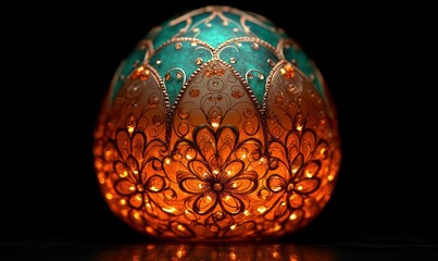Poster - Decorative Egg with Intricate Patterns and Warm Glow in Dark Background