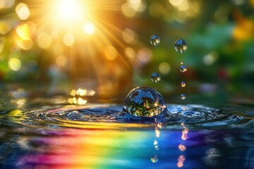 Poster - Morning Dew Drops on Water Surface with Sunlight Reflection and Colorful Ripple Effect