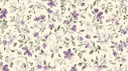 Wall Mural - seamless wallpaper pattern of small, ditsy floral print in muted mauve and sage green on a cream bac