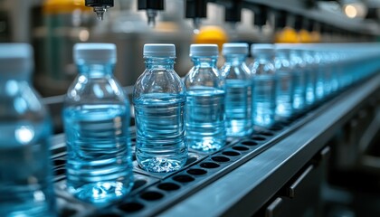 Poster - Automated Production Line of Bottled Water in Modern Factory with Clear Plastic Containers