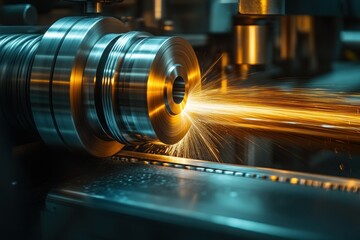 Poster - Precision machining process with sparks during metalworking in a modern workshop environment