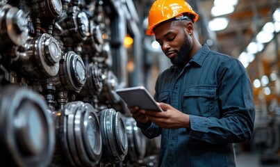 Poster - Skilled Worker Monitoring Equipment with Tablet in Industrial Setting with Safety Gear
