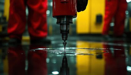 Poster - Close-Up of Industrial Drill Creating Precision Hole in Black Surface at Workshop