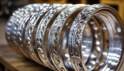 Poster - Shiny Metallic Car Wheels on Display in a Workshop Environment with Focus on Design