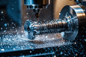 Poster - Precision Machining Process with Metal Part Undergoing CNC Lathe Operation and Cutting Fluid