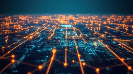 Poster - Futuristic Technology Grid with Bright Orange and Blue Connection Nodes in Digital Space