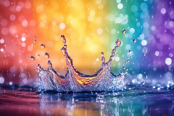 Poster - Colorful Water Splash with Rainbow Bokeh Background Creating Vivid Visual Impact