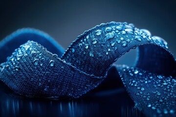 Poster - Blue Fabric Ribbon with Water Droplets on Dark Background for Creative Design Projects