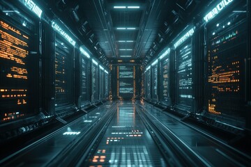 Poster - Futuristic Data Center Corridor with Glowing Screens and Digital Displays at Night