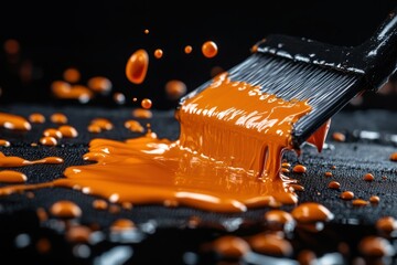 Poster - Vivid Orange Paint Splashing and Dripping from Brush on Black Surface in Artistic Composition