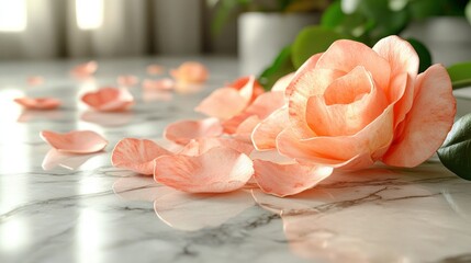Poster - Soft Peach Rose with Petals on Marble Surface in Bright Natural Light Setting
