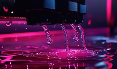 Poster - Water Droplets Falling from a Black Mechanical Device in a Colorful Light Setting