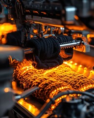 Poster - Close-Up of Industrial Machine Producing Vibrant Textile with Illuminated Yarn and Threads