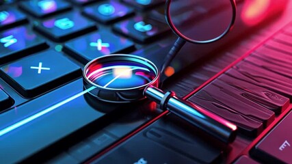 Poster - Close Up Investigation Colorful Magnifying Glass on Modern Laptop Keyboard Highlighting Technology and Digital Search Concepts