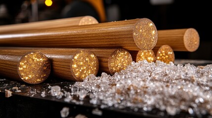 Poster - Close-Up View of Wooden Rods with Glittering Ends and Crystal-Like Material on Surface
