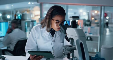 Poster - woman, microscope and scientist with tablet in lab for research, experiment results and virus treatm