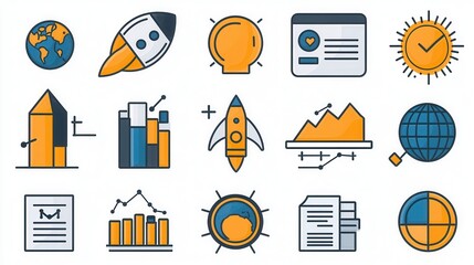 Poster - Comprehensive set of business related outline icons depicting various aspects of teamwork strategy planning data analysis and performance tracking