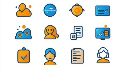 Poster - A set of simple and clean outline icons symbolizing various group  and collaborative concepts such as teamwork  networking  user profiles  data analytics  and business services