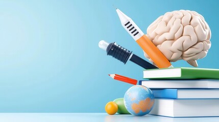 Poster - brain model and various study supplies like pencils books and a globe on a blue background symbolizi