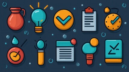 Poster - A set of linear icons visually representing the key steps and elements of an action plan process including analysis strategy timeline progress tracking