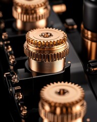 Poster - Close-Up View of Luxurious Copper Gears in Mechanism with Smooth Textures and Shine