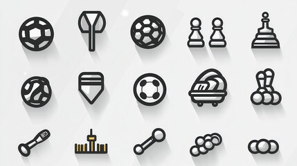 Poster - Comprehensive collection of linear  minimalist icons illustrating a variety of sports  fitness activities  and related equipment  These simple