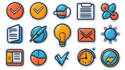 Poster - A set of outline icon graphics depicting various elements related to business meetings presentations and planning including an agenda checklist document lightbulb clock chart and more