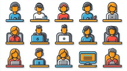 Poster - This image features a collection of digital video conference call themed outline icons showcasing various elements of virtual communication and in business and educational settings  including avatars