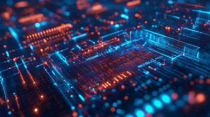 A computer chip with blue and red lights