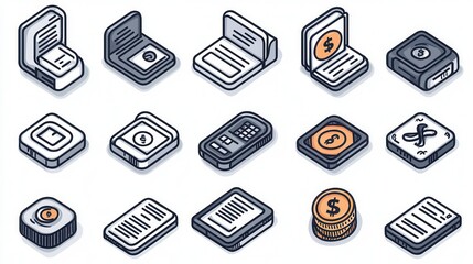 Poster - A set of modern outlined icons representing various financial banking and digital payment concepts including coins cash credit cards wallets transactions and more