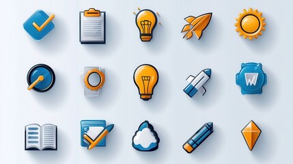 Poster - Set of modern outline icons representing various elements of an evaluation process such as data analysis problem solving strategy planning and business performance optimization
