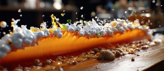 Poster - Vibrant Close-Up of Colorful Bubbles and Splashes on a Wooden Surface in Artistic Setting